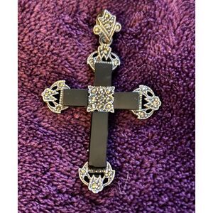 Vintage Sterling Silver Onyx Marcasite Cross Pendant